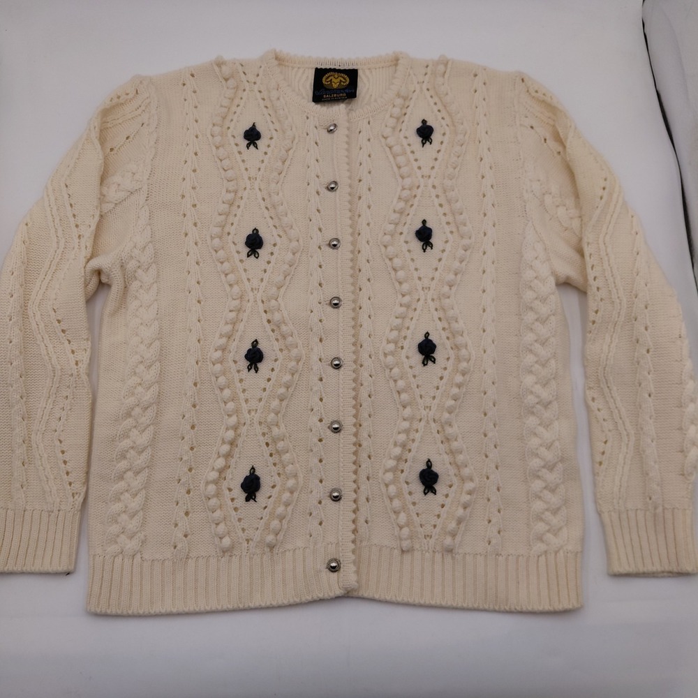 Vtg Lanamoden Salzburg Cream Wool Cable Knit Cardigan 3D Austria Cottagecore - Picture 2 of 9